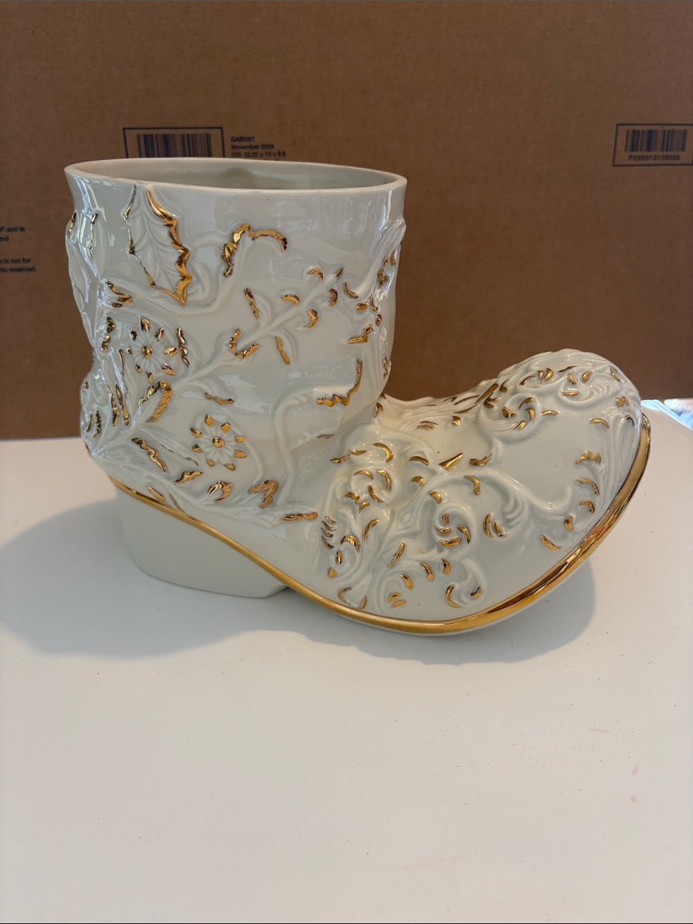 Mikasa Holiday Elegance  Decorative White Ceramic Boot  with Gold Accents